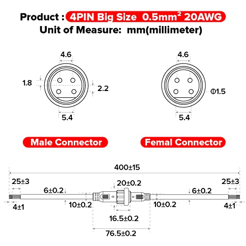 BTF-LIGHTING 4 Pin Electrical Connector 20AWG IP65 Male Female Connector 7.87in/20cm Extension Cable for Car,Truck,Boat,Indoor/Outdoor LED Strip Lights/String 22mm Nut Big Size 5 Pairs by BTF-LIGHTING - Image 6