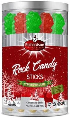 Richardson (1) Tub Rock Candy Sticks - Strawberry & Lime Flavored - 10 Individually Wrapped Pieces Holiday Hard Candy - Hand Crafted in the USA - Net Wt. 1.4 oz