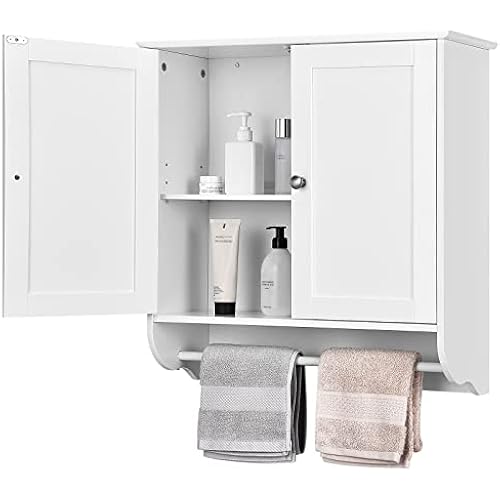 GOFLAME Bathroom Cabinet Wall Mounted, Over the Toilet Space Saver Medicine Cabinet with Double Door, Adjustable Shelf & Towel Bar, Storage Cabinet Cupboard for Bathroom, Kitchen