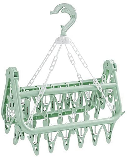 GYYJW 32 Piezas Percha Plegable para Secar Calcetines, Percha con Clip Gancho Giratorio de Plástico para Goteo, Organizar Calcetines, Ropa Interior, Toallas, Secadora de Ropa para Niños (Verde) Cover