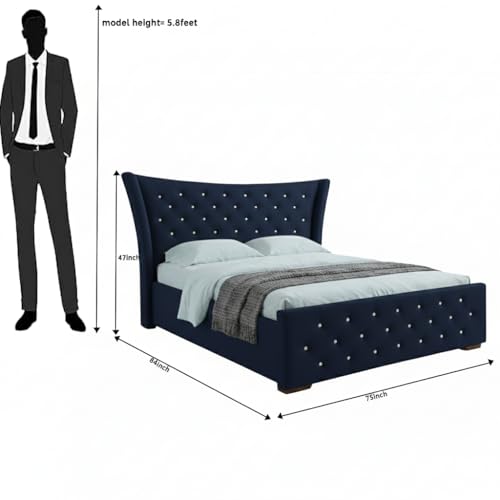 Image of Pearl Upholstered King Size Bed with Box Storage for Bedroom | Elegant Wooden Double Bed with Storage | Platform Cot Palang with Tufted Headboard | 6.5 x 6 Ft | Sheesham Wood | Navy
