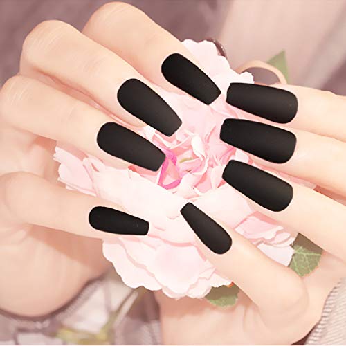 24 Pcs 12 Different Size Natural French Long False Nails Acrylic Full Cover Fake Nails For Fashion Girls (Black)