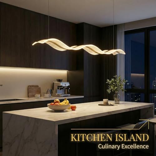 BOSHANGMEI Modern LED Chandelier, Wave-Shaped Pendant Light with Gold Frame and Starry Acrylic Shade, Dimmable Ceiling Light Fixture for Dining Room, Kitchen Island, Living Room, Bedroom by BOSHANGMEI - Used condition - Image 3