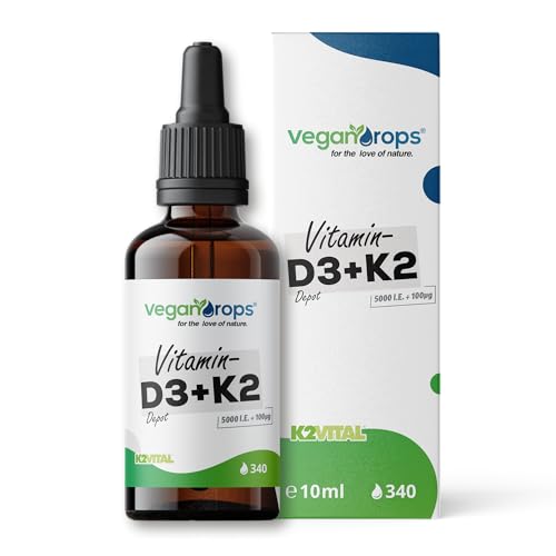 Vegan Drops® - Vitamin D3 & K2 Depot Tropfen - 125mcg Vitamin D (5000 i.E.) & 100mcg Vitamin K2 pro Tagesdosis - 340 Tropfen, 10ml pro Flasche - vegan, ohne Alkohol & in Deutschland