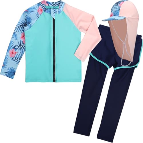 3 Pcs Youth Girls Long Sleeve Rash Guard Swimsuit UPF 50 Pants Sunsuit with Sun Protection Hat Bathing Suits Blue
