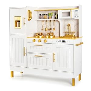 Leomark Moderne kinderkeuken van hout met accessoires, goud, stijlvolle speelkeuken met oven, gootsteen en accessoires, houten speelgoed voor creatieve rollenspellen, hoogte: 98,5 cm, gouden accenten