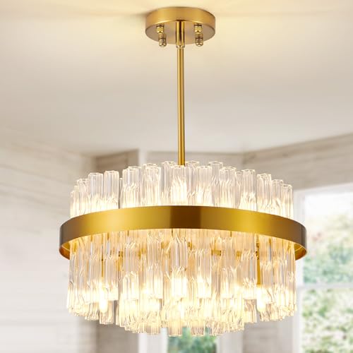 KUNYEEE Lámparas de araña de cristal dorado, lámparas de techo empotradas, lámparas de araña redondas, lámparas colgantes para salón, isla de cocina, mesa de comedor, pasillo, G9 x 8 luces, 40 cm