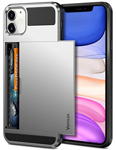 Vofolen for iPhone 11 Wallet Case Protective Credit Card Holder ID Slot Men Women Sliding Door Hidden Pocket Anti-Scratch Dual Layer Hybrid Bumper Armor Hard Shell Back Cover for iPhone 11 6.1 Silver