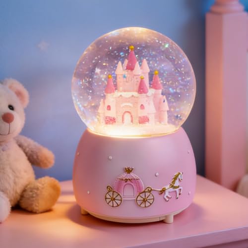 Pink Castle Snow Globes Girls Music Snowglobes with LED 7 Colors Lights Automatic Snow Fall Effect Home Decor for Kids Room Essentials Gifts for Birthday Christmas Valentines Mothers Day (Pink)