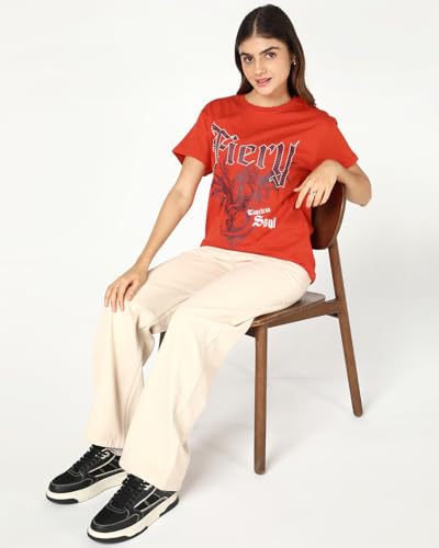 Image of Bewakoof Women's Graphic Print Boyfriend Fit Half Sleeve Round Neck Pure Cotton T-Shirt 694320 Red XL