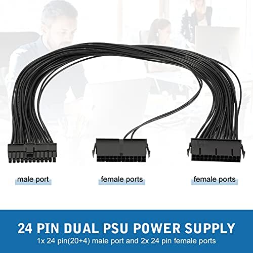Dual PSU Cable,AIEVE 24 Pin to 24(20+4) Pin Dual PSU Adapter Power Supply Splitter Cable Extension Cable for Mining Rig 18AWG ATX Motherboard(50cm/19.6inch)