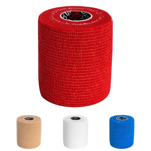 MEDSTOCK Cohesive Bandage, Wound Care, 7.5CM X 4.5M Stretched, Red - 12 Rolls, Hypoallergenic, Breathable Elastic Self Adherent Wrap for People & Pets, Supports Injured Joints and Muscles