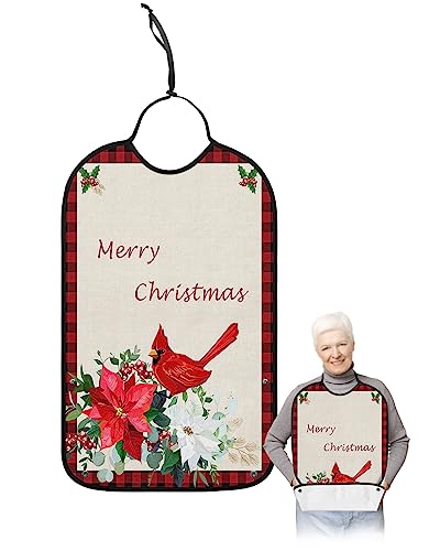 LEOKOTI Christmas Bird Adult Bibs for Eating, Waterproof Bibs with Food Catcher & Adjustable Snap Closure, Black Red Checkered Poinsettia Washable Clothing Protectors Adult Bibs for Elderly Women/Men