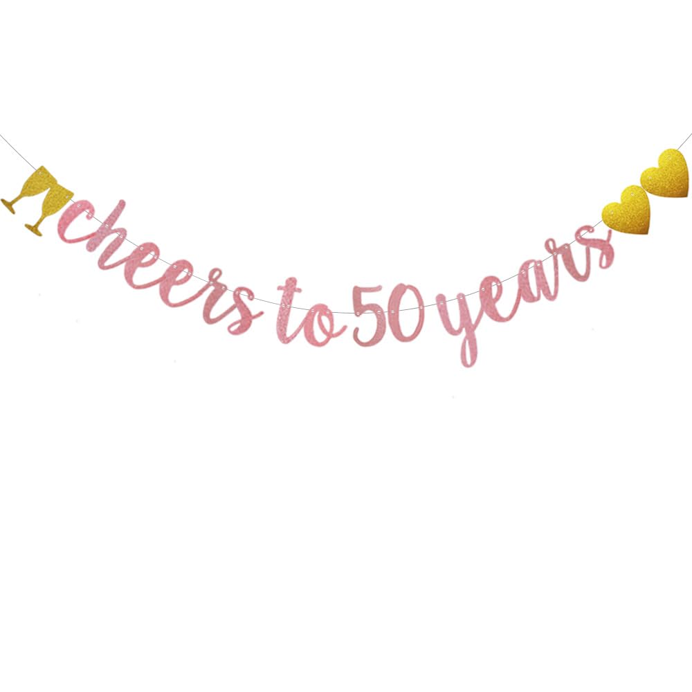 Cheers to 50 Years Banner, Pre-Strung, Rose Gold Glitter Paper Banner for 50th Birthday/Wedding Anniversary Party Decorations Supplies, No Assembly