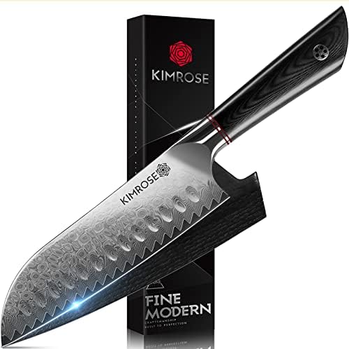 KIMROSE Damascus Santoku Knife - 7 inch - 67 Layers 10Cr15CoMoV Alloy Steel - Black G10 Handle - Razor Sharp Kitchen Knife - Japanese Chopping Knife - Wooden Magnetic Sheath - Luxury Gift Box
