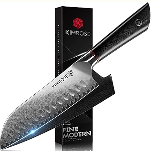 KIMROSE Damascus Santoku Knife - 7 inch - 67 Layers 10Cr15CoMoV Alloy Steel - Black G10 Handle - Razor Sharp Kitchen Knife - Japanese Chopping Knife - Wooden Magnetic Sheath - Luxury Gift Box Cover