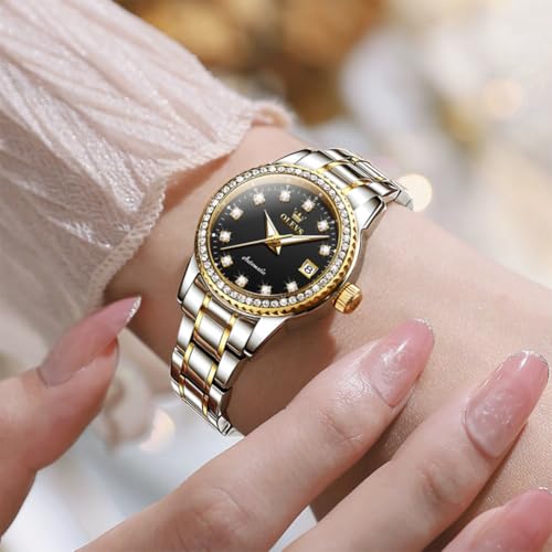 Image of OLEVS Women's Automatic Watch Luxury Mechanical Stainless Steel Two Tone Waterproof Self Winding Dress Small Ladies with Date Diamond Elegant Casual Business Wristwatch Gold /Blue /Black /White