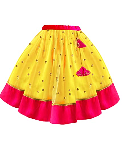 Image of Stanwells Kids Girls Yellow & Pink Combo Lehenga Choli Set | Flared Readymade Dress with Sequins Embroidery | Traditional South Indian Outfit