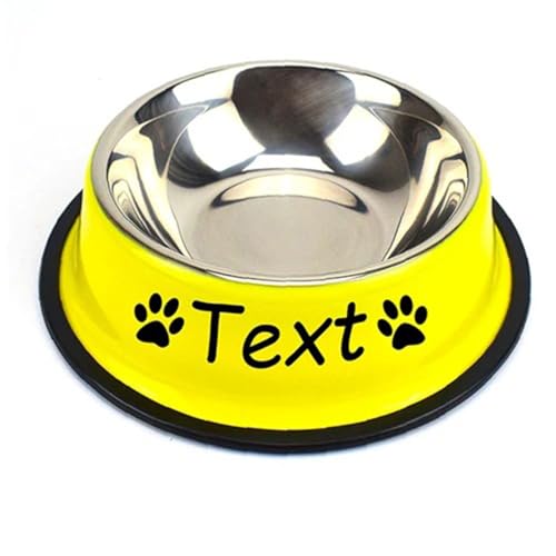 Keruidian Personalisierte Katzen- Und Hundenamen, Edelstahl-Farbe, Haustier-Welpen-Katzennapf, Rutschfester, Langlebiger Haustiernapf, Futternapf, Hunde-Wassernapf (Gelb)