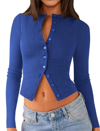 Womens Long Sleeve Tops Fall Lightweight Cardigan Cropped Going Out Shirts Ribbed Button Down Cute Trendy 2025