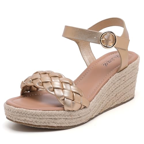 Ruiee Wide Width Wedges Sandals for Women, Summer Platform Espadrille Wedge Heels Wide Feet Braided Ankle Strap Womens Dressy Sandal.250903 Gold Size9