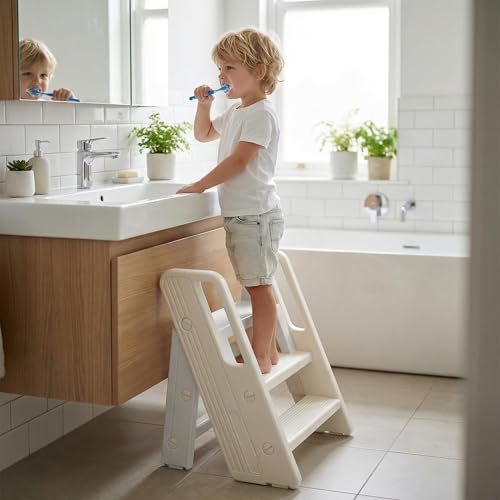 Image of Vanpolchy Toddler Step Stool for Bathroom Sink, Foldable Kids Step Stool for Bathroom, 120lbs Load Bearing Foldable Kids Stool for Toilet Sink with Non-Slip Design, Potty Training Stool for Toilet