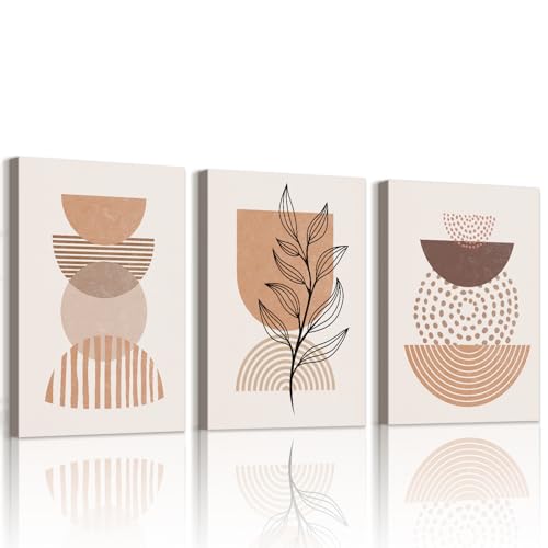 WENGTIAO 3 Piezas Boho Abstracto Geométrica Cuadros Enmarcados Beige y Marrón Minimalista Botánico Neutro Pintura sobre Lienzo Cuadros Decoracion Salon Modernos Dormitorios Decoracion Pared 30x40cmx3