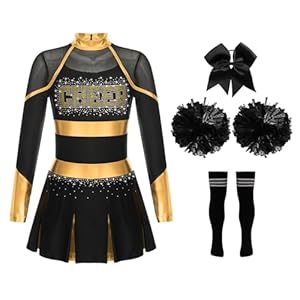 Yruioon 4Pcs Mädchen Cheer Leader Kostüm Langarm Cheerleading Kleid mit Pompoms Socken Haarband Glitzer Tanzkleid Halloween Karneval Fasching Kostüm A Gold&Schwarz 146-152