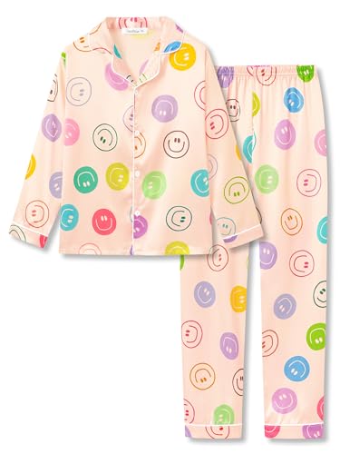 Beezizac Silky Satin Pajama Long Sleeves Set For Little & Big Girls Trendy Button 2-Piece Outfit Kid Sleepwear Size 6-16