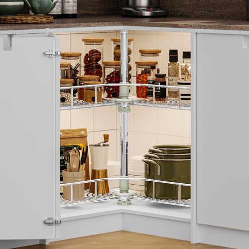 DWVO 28″ Kidney 2-Tier Lazy Susan – Telescoping Mount Corner Cabinet Organizer with Pie-Shelf Design, for Bathroom,Kitchen Cabinet Blind Corners (Chrome, 270° Adjustable) by DWVO - Image 3