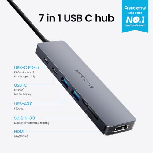 Image of 7 in 1 USB C Hub Multiport Adapter for MacBook, Laptop, iPad | USB C Docking Station with 31.5'' Cable, 4K@60Hz HDMI, 100W PD Fast Charging , 2 USB 3.0 & USB-C Data Port, SD /TF Card Reader