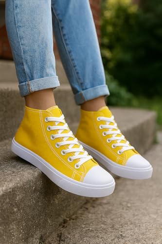 Image of Women's High-Top Canvas Sneakers - Classic Lace-Up Casual Shoes with Extra Shoelaces - Comfortable, Stylish, and Durable