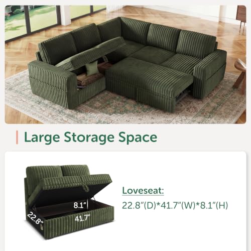 Image of HONBAY Modular Sectional Sleeper Sofa with Pull Out Bed,Corduroy L Shaped Couch with Storage, Sectional Couches for Living Room,Green