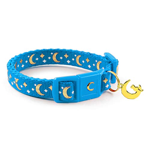 WAAAG Cat Collars, Gold Moons and Stars Cat Collar, Safety Breakaway Cat Collar, Glow in The Dark (Kitten 6.5"-10" Neck, Royal Blue)