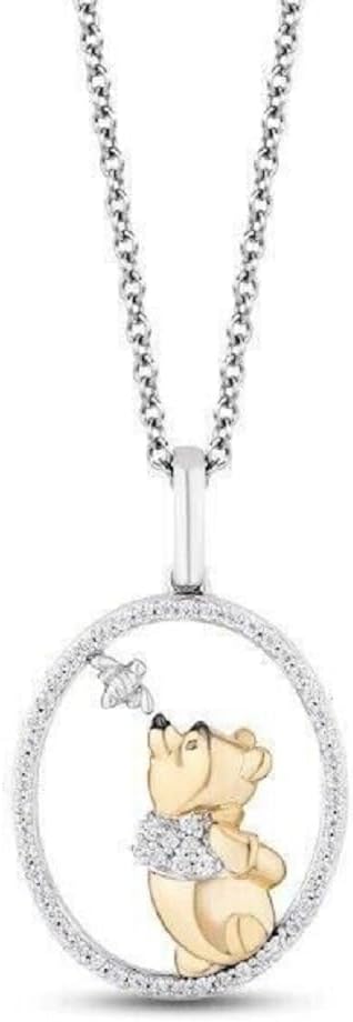 Round Cut White Diamond 925 Sterling Silver 14K Two-Tone Gold Finish Diamond Pooh & Bee In Circle Pendant Necklace for Women's