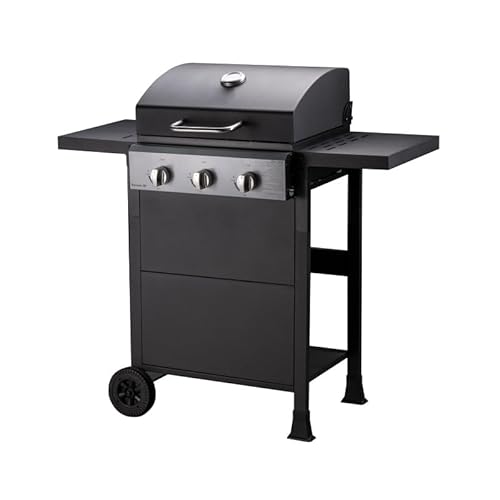 COOKING BOX - Barbecue gaz sur chariot 3 feux - 3 brûleurs - Surface de cuisson en acier émaillée 49 x 39 cm - tablettes rabattables, 2 roues - Noir