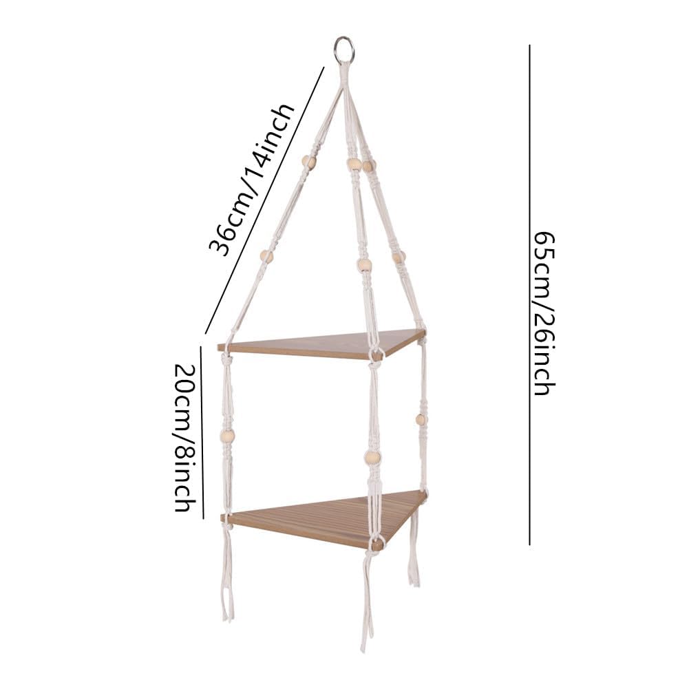 Garvee Eckregal hängend Holz, 2 Etagen Schweberegal mit Seil & Perlen, Boho Dekoration Wandregal für Pflanzen & Fotos, Eck-Hängeregal für Wohnzimmer Schlafzimmer Bad, Naturholz Design