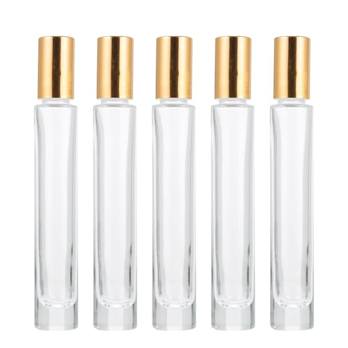 KICHOUSE 5 Botellas de Vidrio Dorado de 10ml Rodillo Recargables para Aceites Esenciales y Masajes, Fáciles de Rellenar y Limpiar, Ideales para Viajar