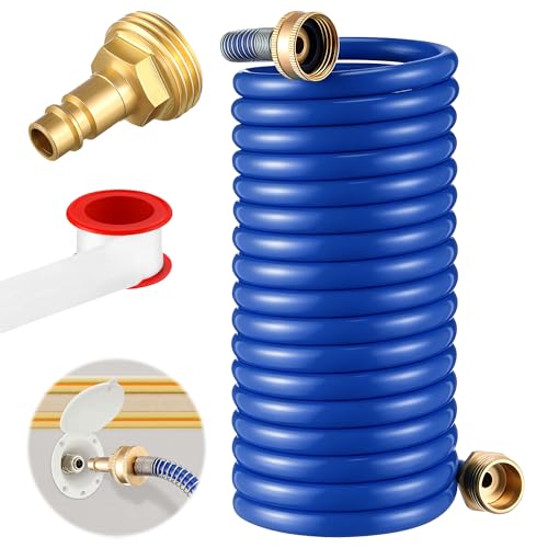 Gulfmew RV Exterior Shower Hose 15FT Coil Water Hose with 1/2 Quick Connect Adapter Recoils to 9 Weather Resistant Recoil Garden Camper Tube for RV Outdoor Shower Garden Use 3/4 Fitting