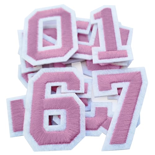 Bfuee 30 Pieces Iron on Number Patches,Embroidered Numbers 0-9 Applique,Numberes Patches for Clothes, Dress, Hat, Socks, Jeans, DIY Accessories Pink