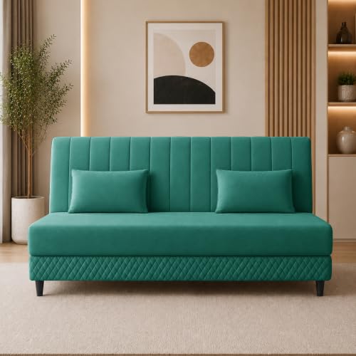 Image of Rosebell Modern 3 Seater Velvet Sofa Cum Bed with Cushion | Premium Upholstered Fabric | Tufted Backrest | Wooden Legs | Living Room Furniture | Green