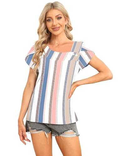 Image of Womens Petal Sleeve Tops Summer Trendy T Shirt Casual Loose Square Neck Button Blouse Tees