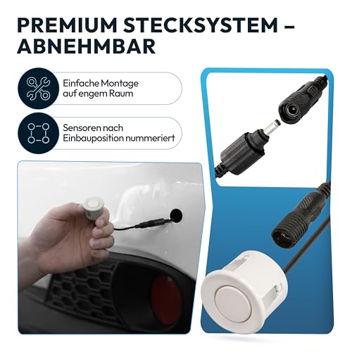 VSG24 Premium Einparkhilfe hinten zum nachrüsten am Auto, PDC Parksensoren hinten mit Stecksystem für einfachste Montage Rückfahrwarner mit Lautsprecher & 4 Sensoren Parkhilfe Nachrüstsatz Weiß