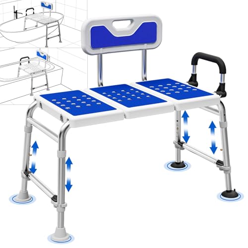 Heavy Duty Width Adjustable Bath Tub Transfer Shower Bench for Inside Tub Extended Shower Chair with Adjustable Height and Reversible Backrest Handicap Shower Chair Seat for Elderly and Disabled