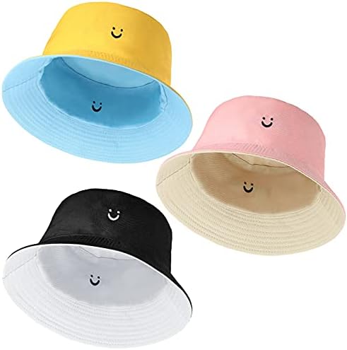 Smile Face Bucket Hats Embroidery Outdoor Reversible Travel Bucket Beach Sun Hat for Men Women Teens (3, Black-White, Beige-Pink, Blue-Yellow)