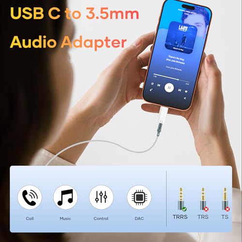 Adapter audio USB C do słuchawek 3,5 mm, adapter typu C do słuchawek jack 3,5 mm AUX dongle kompatybilny z iPhone 16 15 Pro Max/Plus, Galaxy S24 S23 S22, iPad Air/Pro, MacBook, Pixel White