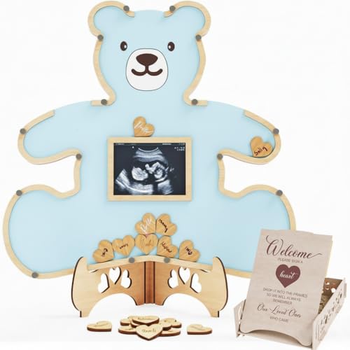 The Real Bossy Baby - Large Teddy Bear Guest Book Frame Keepsake for Baby Shower - Gender Reveal - Birthday - Premium Wood Shadow Box Display - Unique Gift Idea - Personal Nursery Decor - Ultrasound Frame - We Can Bearly Wait Theme - Includes Wooden Heart Tokens - Display Box & Stand (Blue)