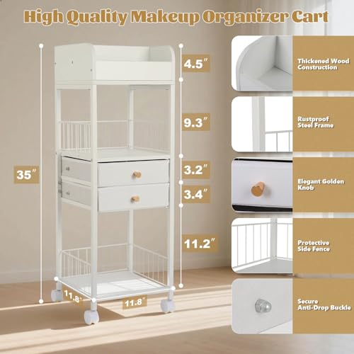 FAHKNS Makeup Organizer Storage Cart, Rolling Floor Skincare Organizer with 2 Drawers, Makeup Vanity Organizer Cosmetics Display Cases Holder for Skin Care, Perfume, Makeup Brush, Nail Polish, Hair Tools