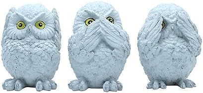 M K ENERPRICES Three Wise Owls Decorative Figurines ? 5 Inch White Resin Statues ? See No Evil, Speak No Evil, Hear No Evil ? Handmade Animal Figurines for Decor