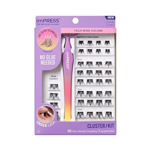 Kiss Impress False Eyelashes, Lash Clusters, Falsies, 'Faux Mink Volume', 8mm-14mm, Includes 36 Pre-Glued Clusters, 1 Applicator, Contact Lens Friendly, Easy to Apply, Reusable Strip Lashes